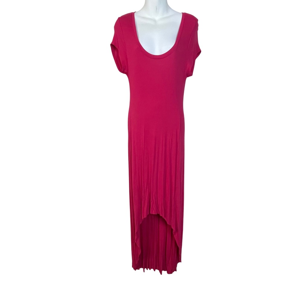 BCBGMAXAZRIA Hot Pink‎ Ribbed High Low Maxi Dress Cap Sleeve Scoop Neck